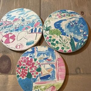 3 Sally Huss Vintage Coastal Art Coasters Set